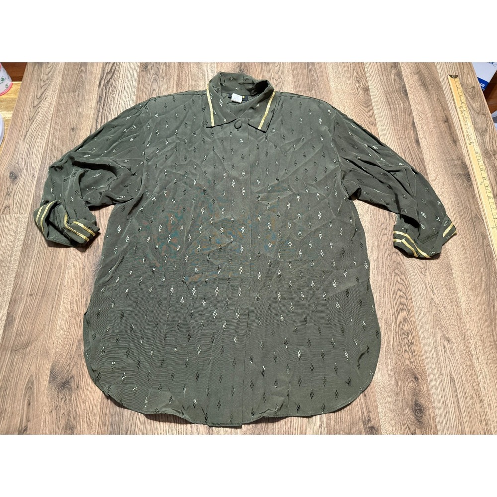Reina Shirt Womens Size 14 Green Gold Long Sleeve Button Up Shirt Shoulder Pads